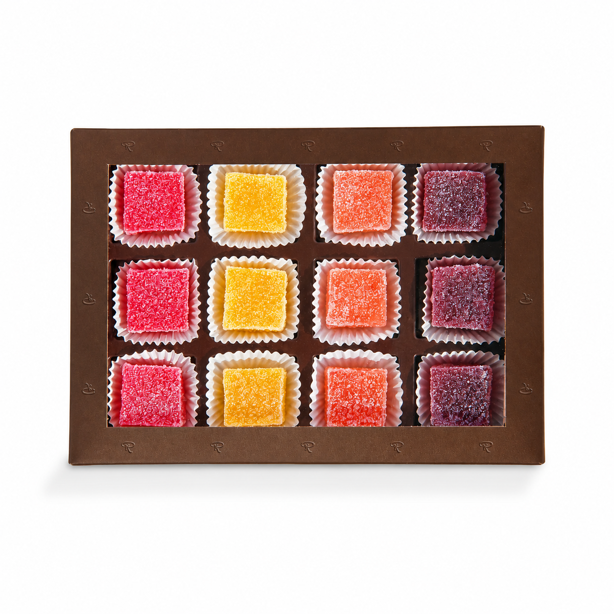 Handwerklich gefertigte Fruchtmarkgelee in vier Farben, quadratisch, Zuckerüberzug, Schokolade-Tray. - Rausch