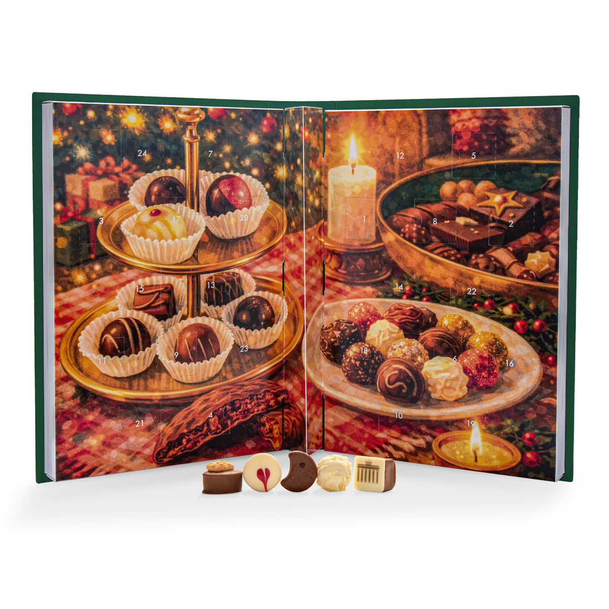 Adventskalender mit handwerklich gefertigten Pralinen in verschiedenen Formen und Farben auf festlichem Hintergrund. - Rausch