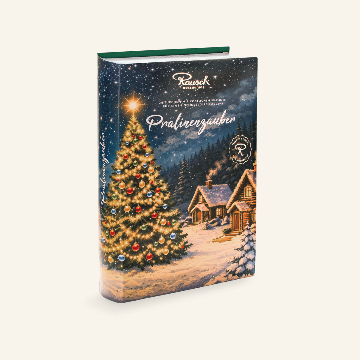 Adventskalender als Buch mit winterlicher Tannenbaum-Szene und Schneelandschaft, handwerkliche Pralinen. - Rausch