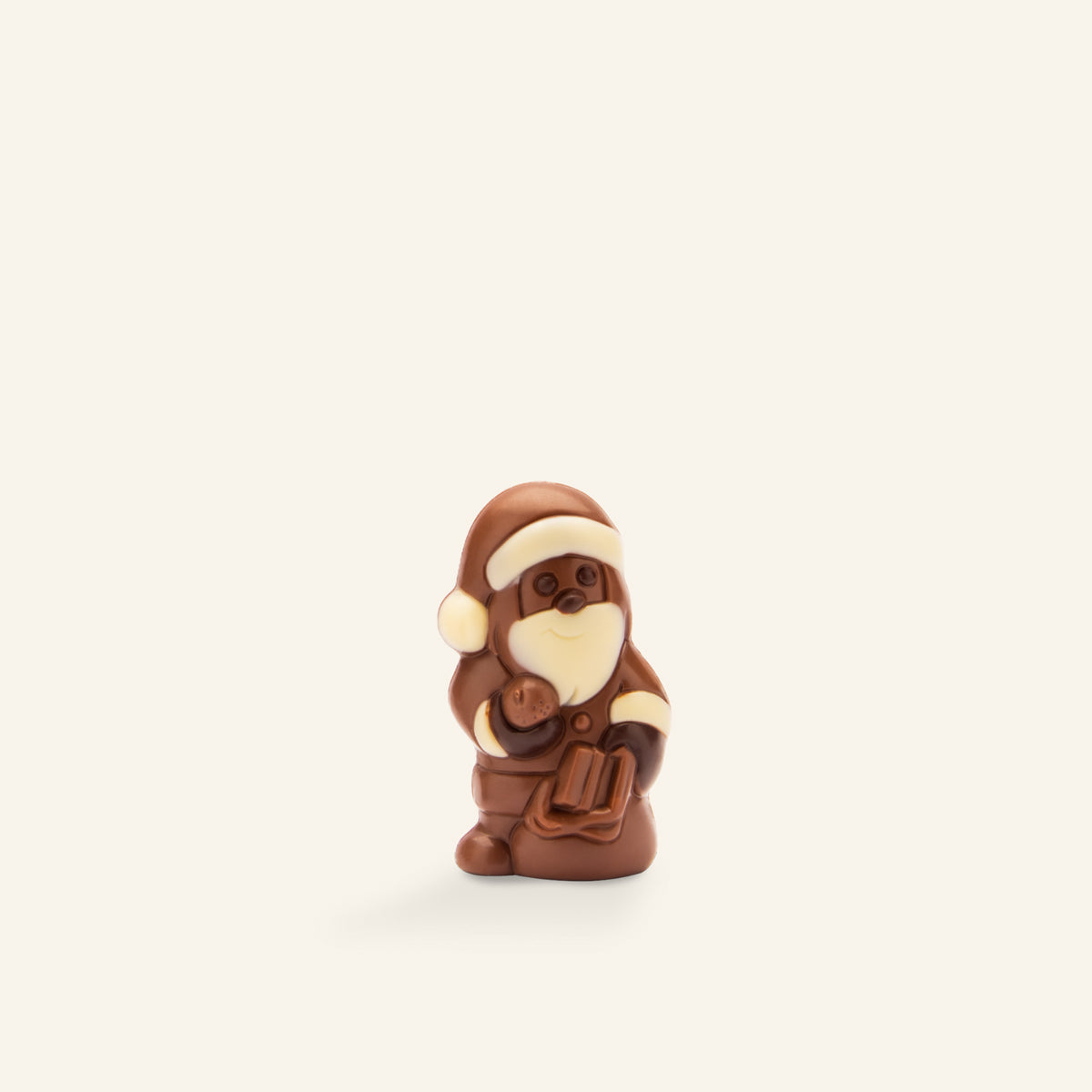 Handgefertigte Schokoladenfigur Weihnachtsmann in Braun und Cremefarben. - Rausch
