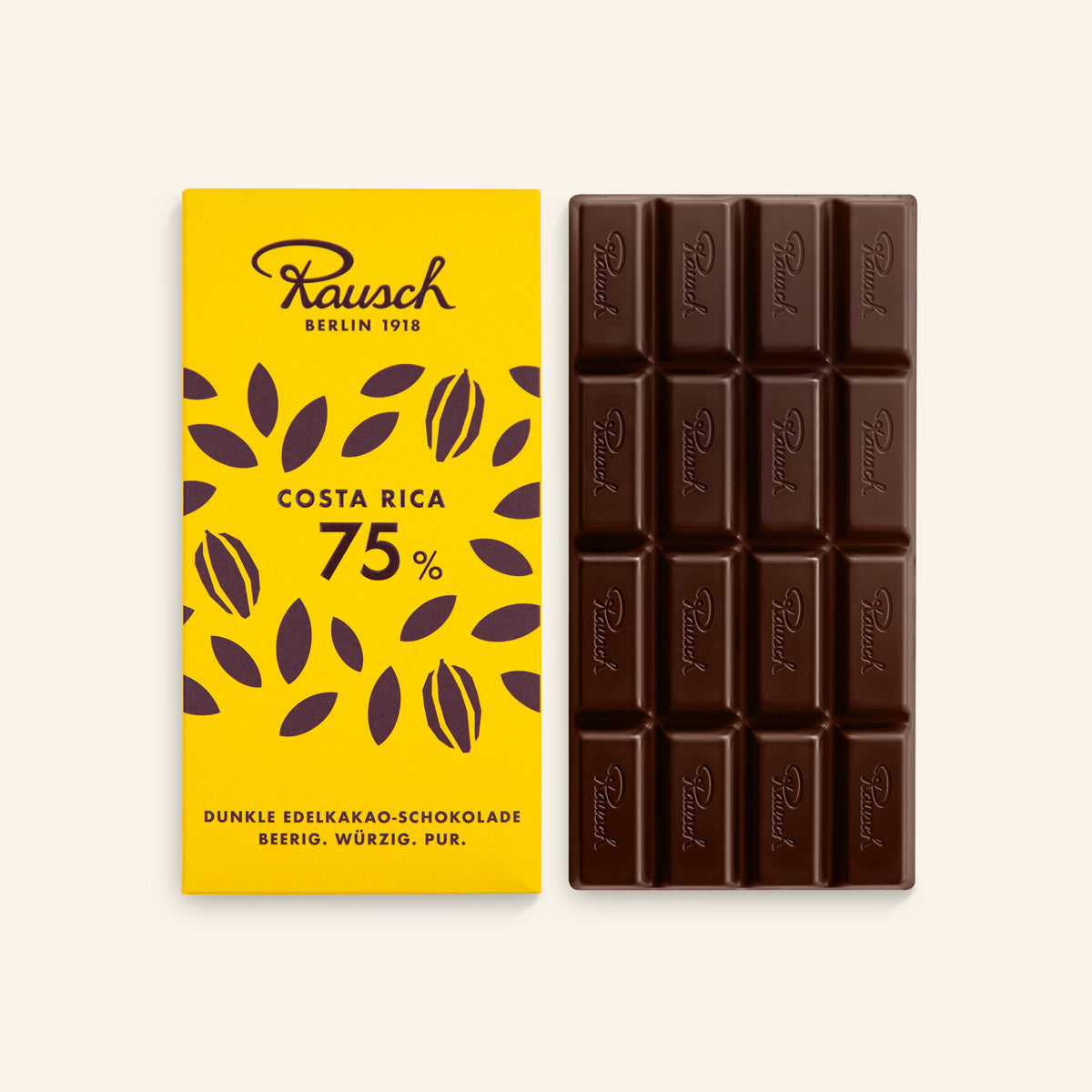 Handwerkliche dunkle Schokolade 75% mit gelber Verpackung und Kakaobohnen-Motiv. - Rausch