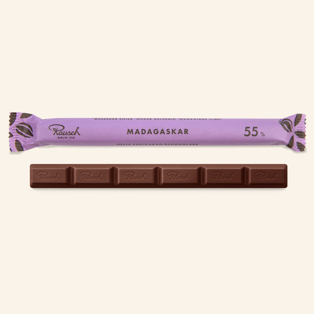 Handwerkliche Madagaskar-Schokolade mit 55 % Kakao in lila Verpackung, als brauner Schokoriegel. - Rausch
