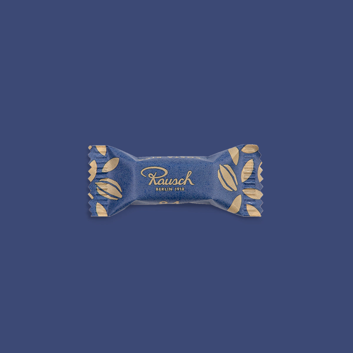 Kleine dunkelblaue Schokoladenverpackung mit goldenen Blättermotiven und handwerklichem Logo. - Rausch