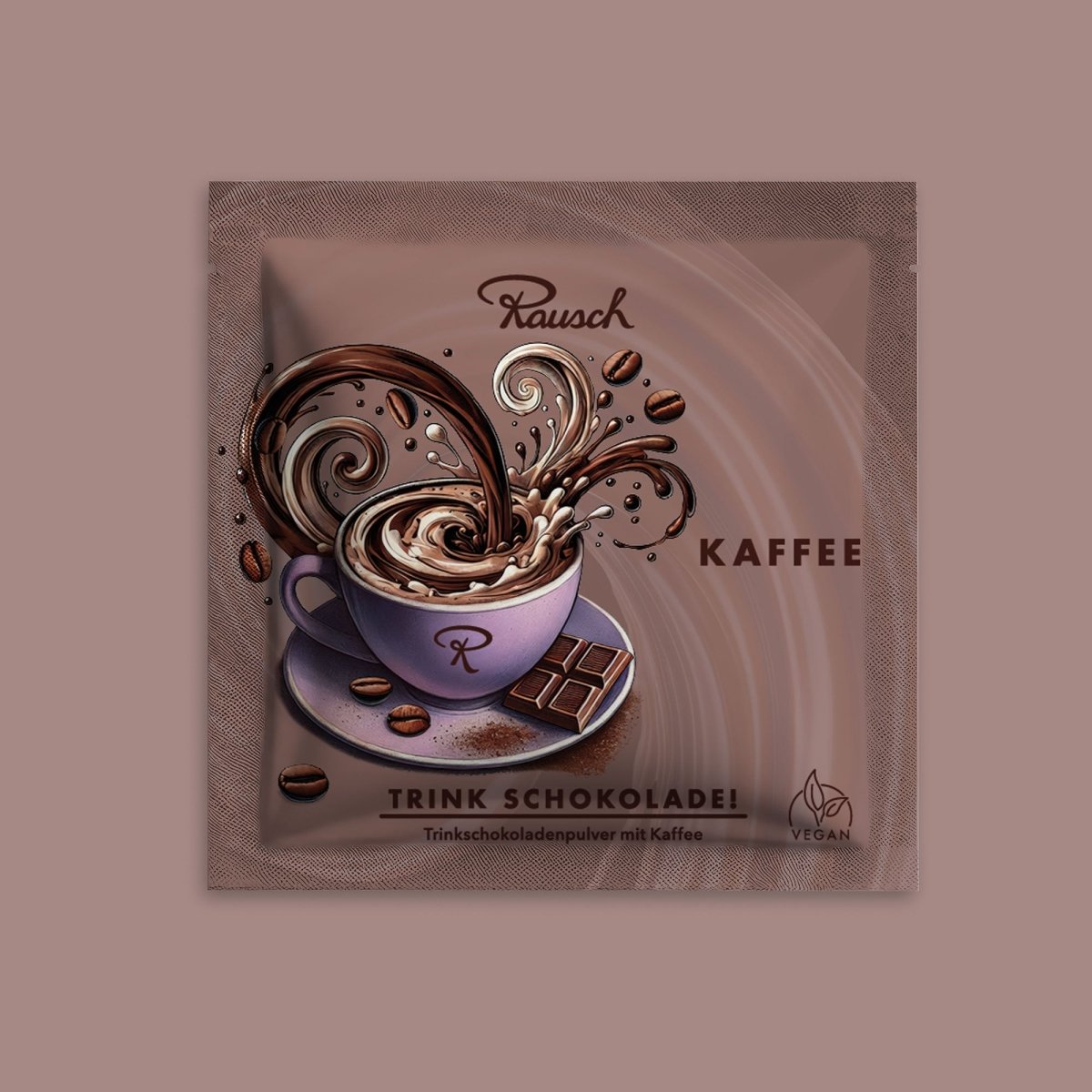 Trinkschokolade "Kaffee" im braunen Sachet auf farblich passendem Hintergrund.