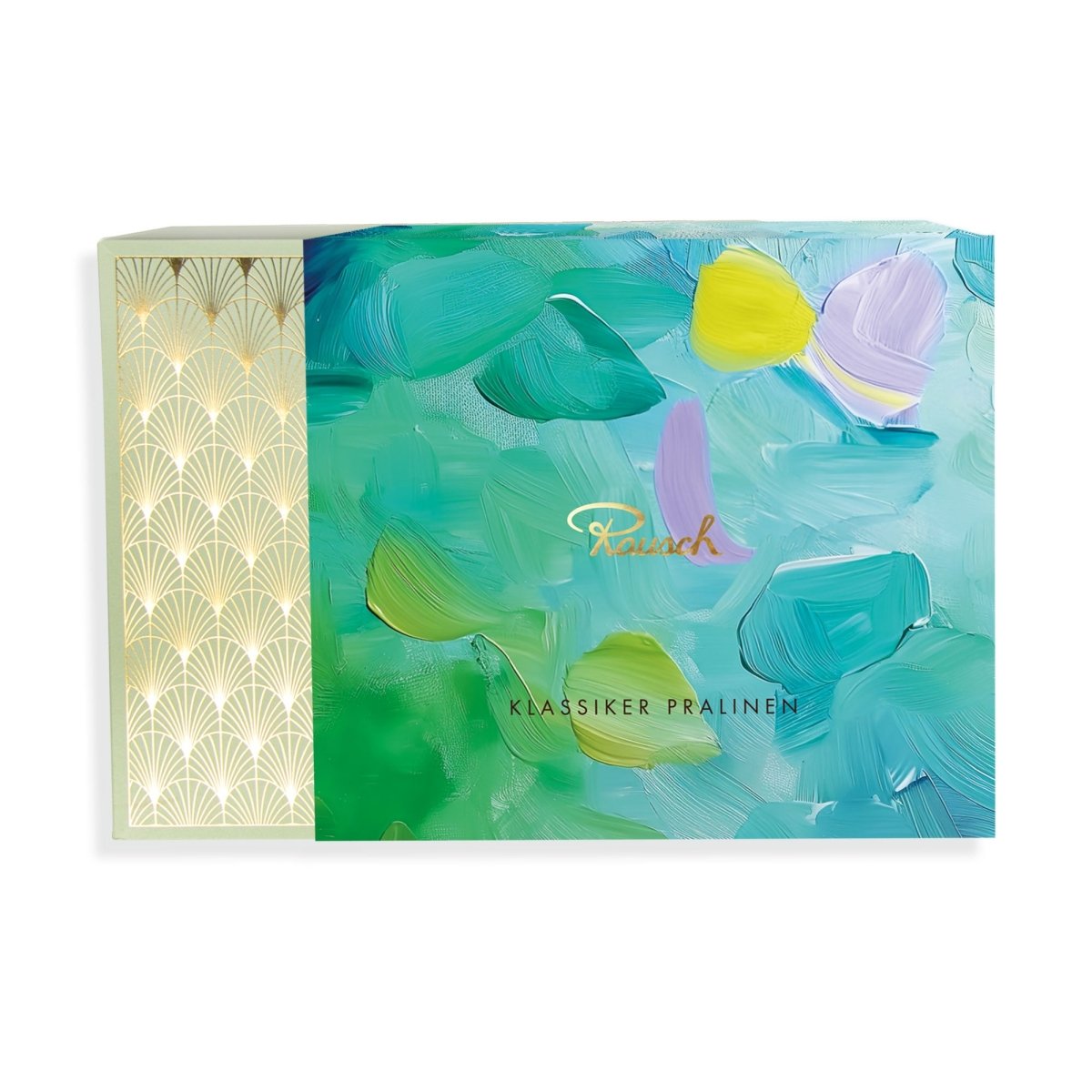 Türkisfarbene Pralinenschachtel-Banderole über hellgrün-goldener Box