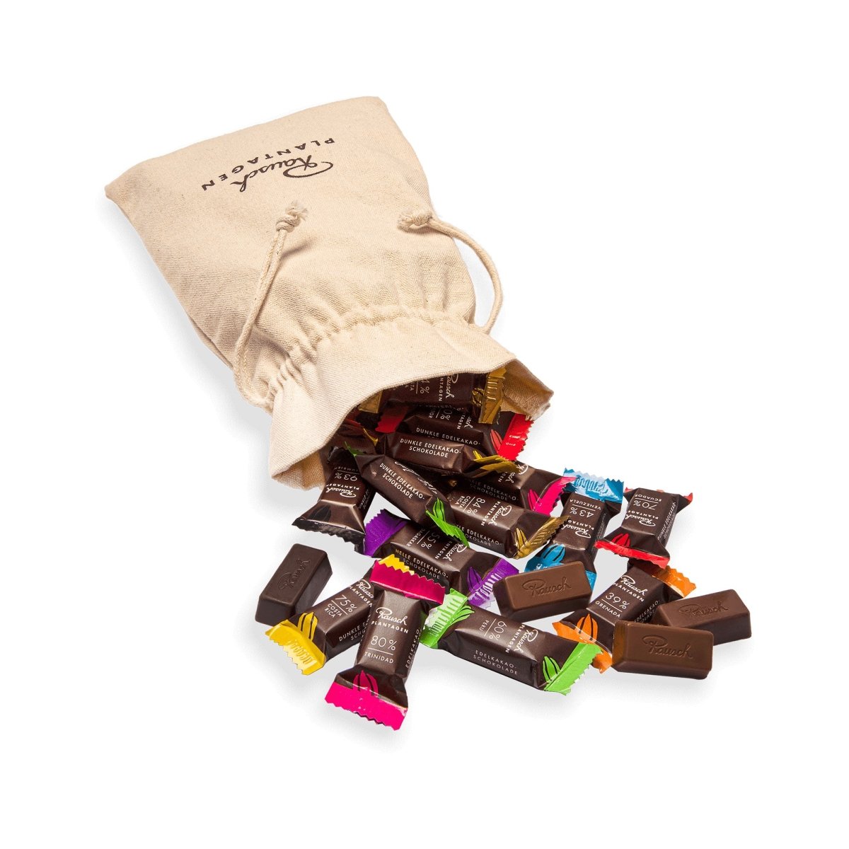 Leinensäckchen vor weißem Hintergrund. Befüllt mit verschiedenen Sorten Rausch Minis.