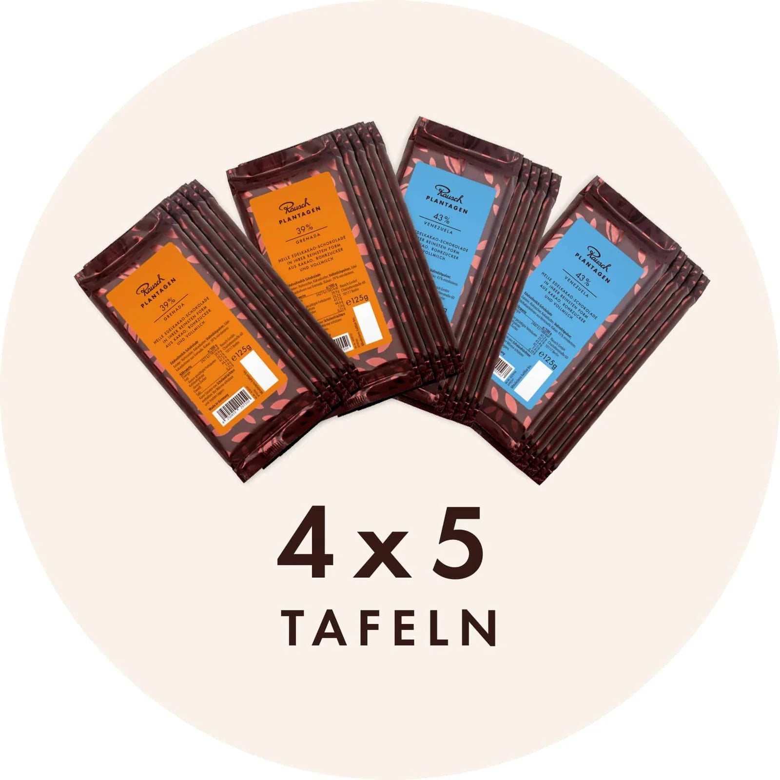 4x5 Tafeln aus Edelakako-Schokolade.
