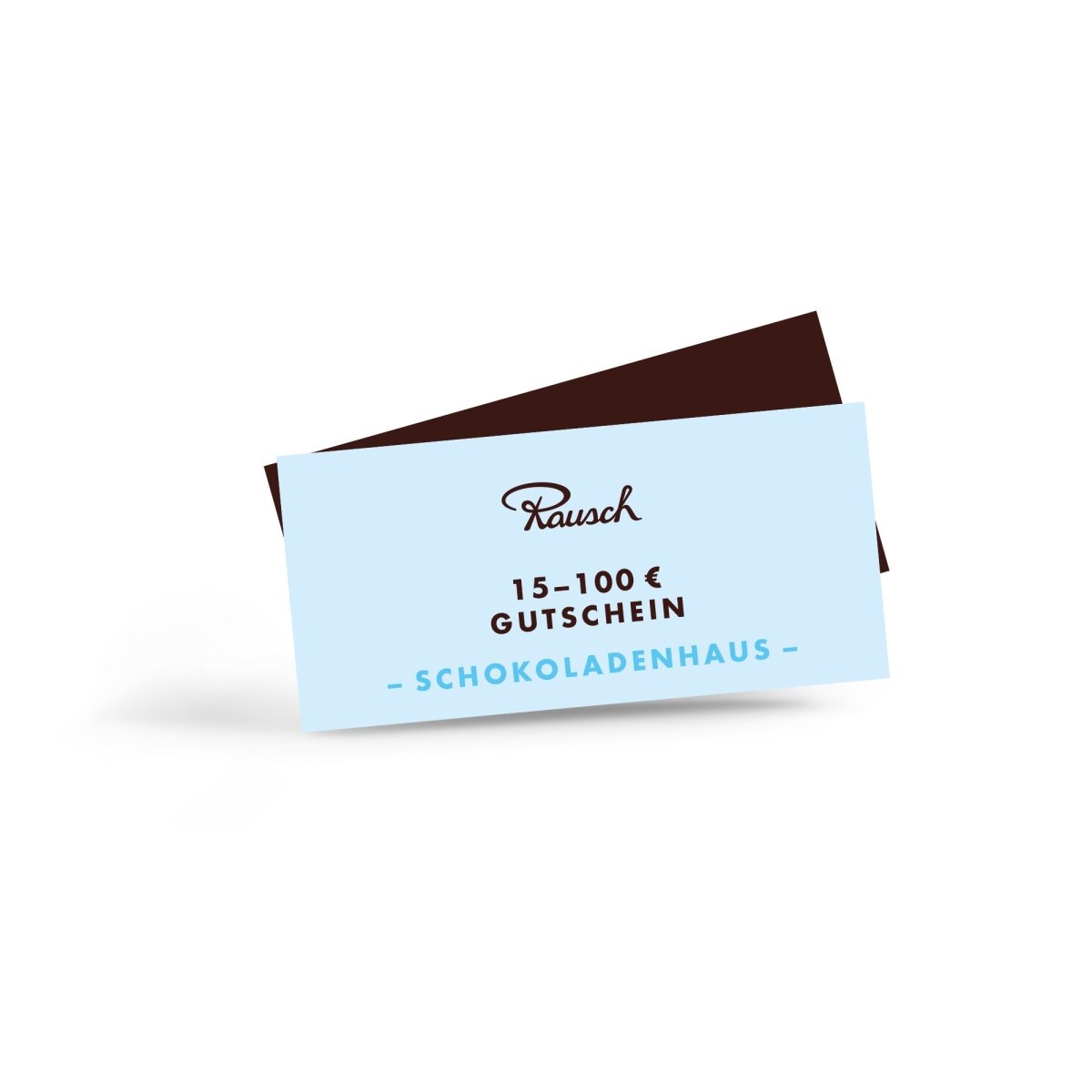 Rausch Schokoladenhaus Gutschein in hellblau auf hellem Hintergrund.