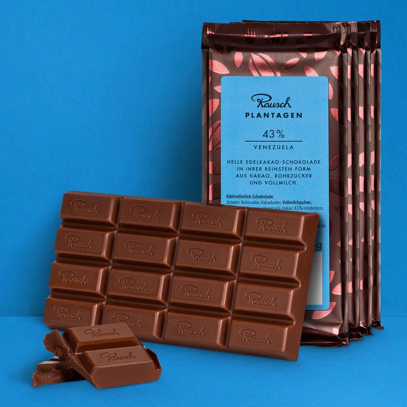 Bundle aus Rausch Plantagen Venezuela 43% auf blauem Hintergrund.