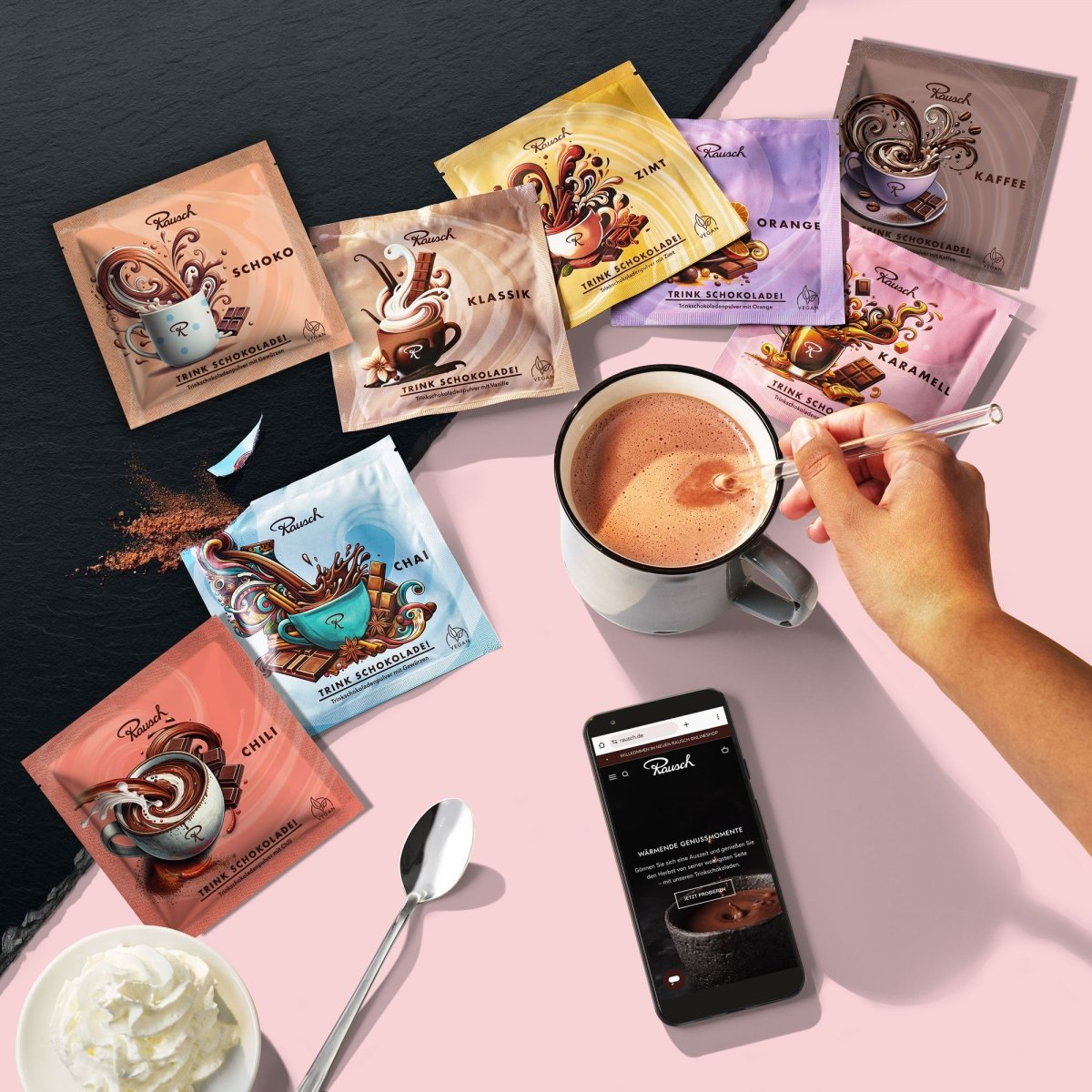 Acht Sorten Rausch Trinkschokoladen - Moodbild rosa
