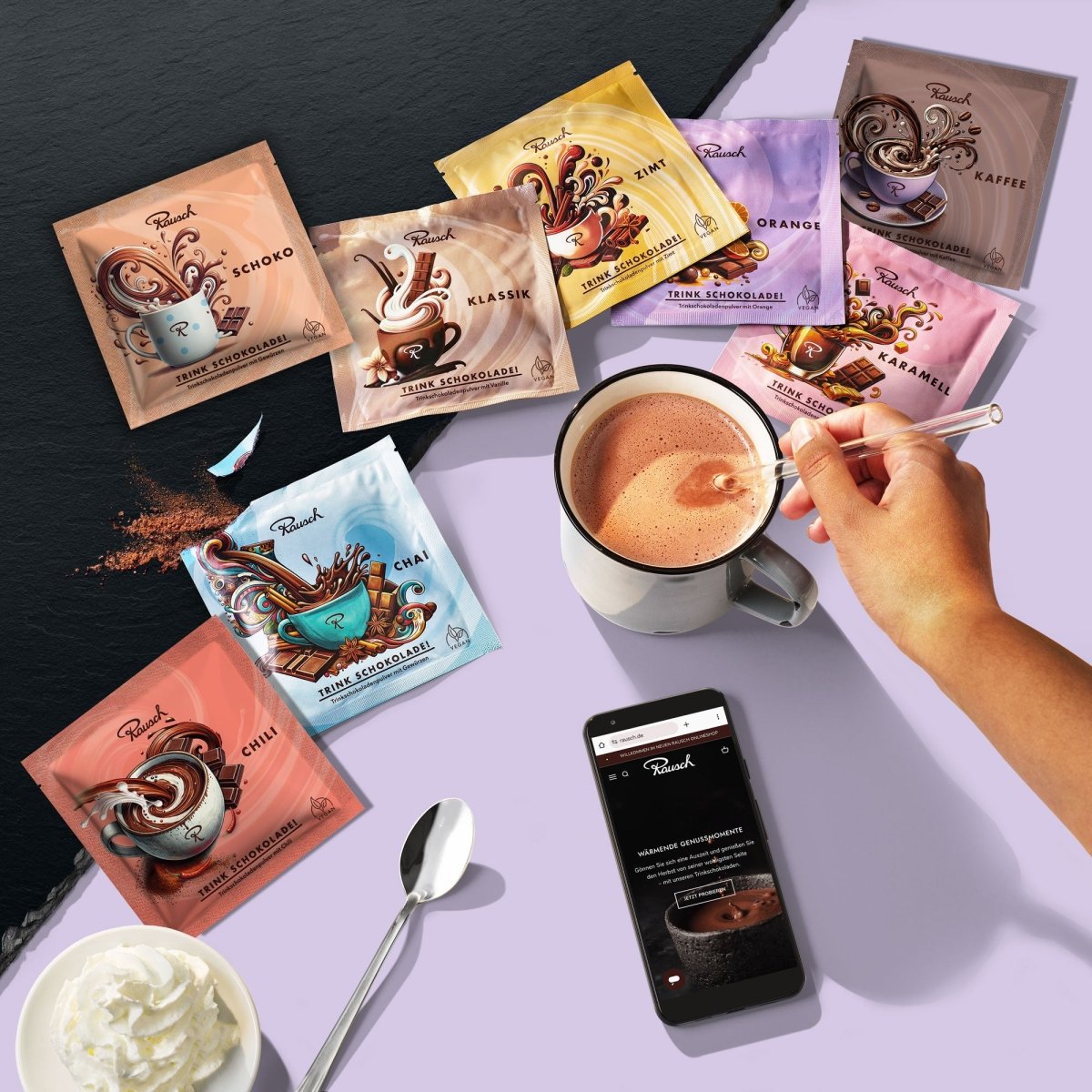 Acht Sorten Rausch Trinkschokolade - Moodbild lila