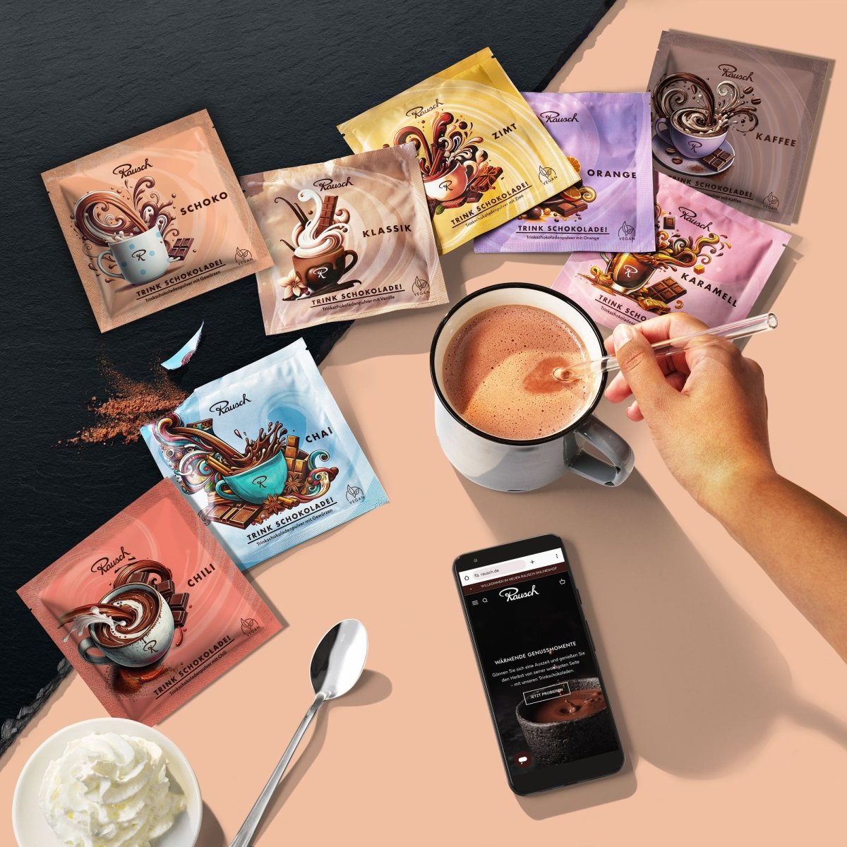 Acht Sorten Rausch Trinkschokolade - Moodbild hellbraun