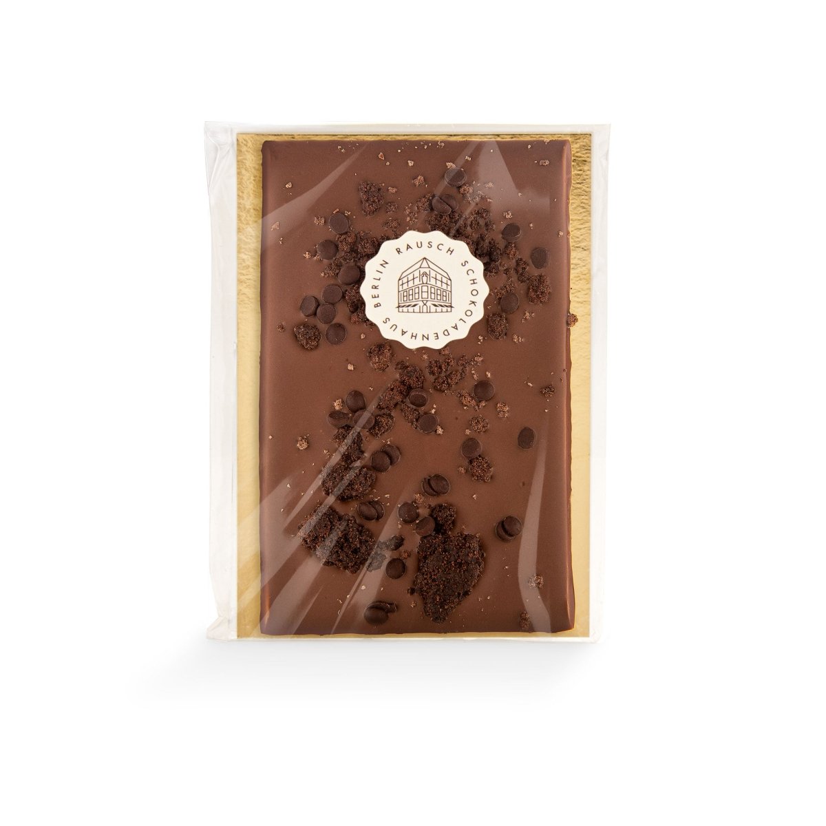 Milchschokoladentafel mit Brownie-Stücken und Edelkakao-Schokoladenperlen - verpackt.