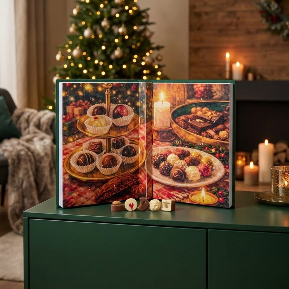 Geöffneter Pralinen-Adventskalender mit handwerklich gefertigten, bunten Schokoladenpralinen in festlicher Verpackung. - Rausch