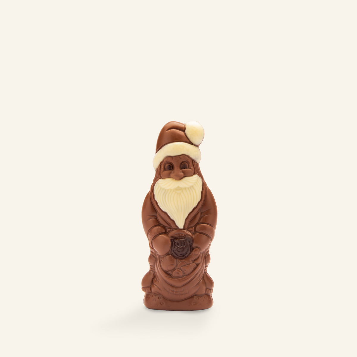 Handgefertigter Schokoladen-Weihnachtsmann in Dunkel- und Weißschokolade, detailreich gestaltet. - Rausch