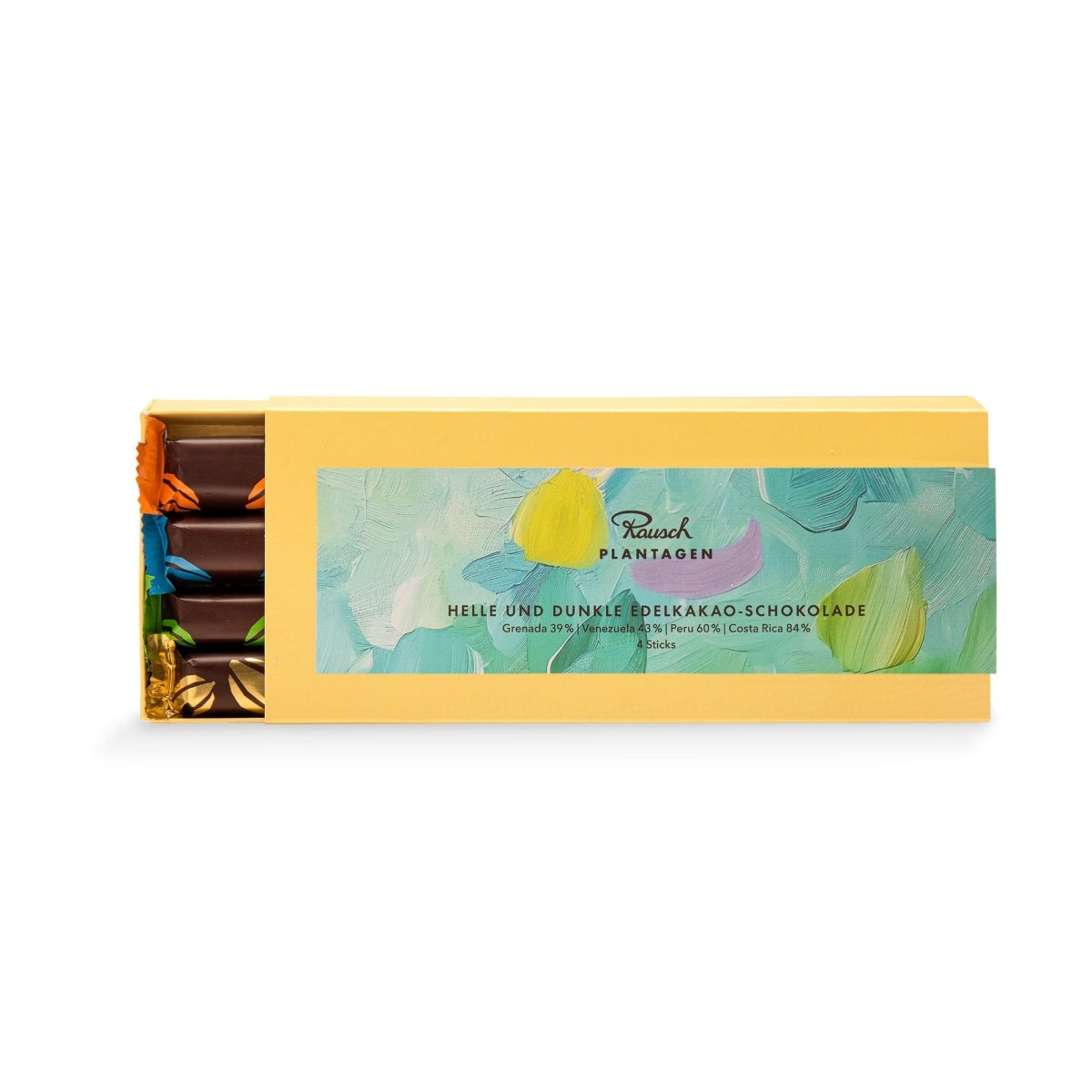 Gelbe Verpackung befüllt mit Rausch Edelkakao-Schokolade-Sticks hell & dunkel