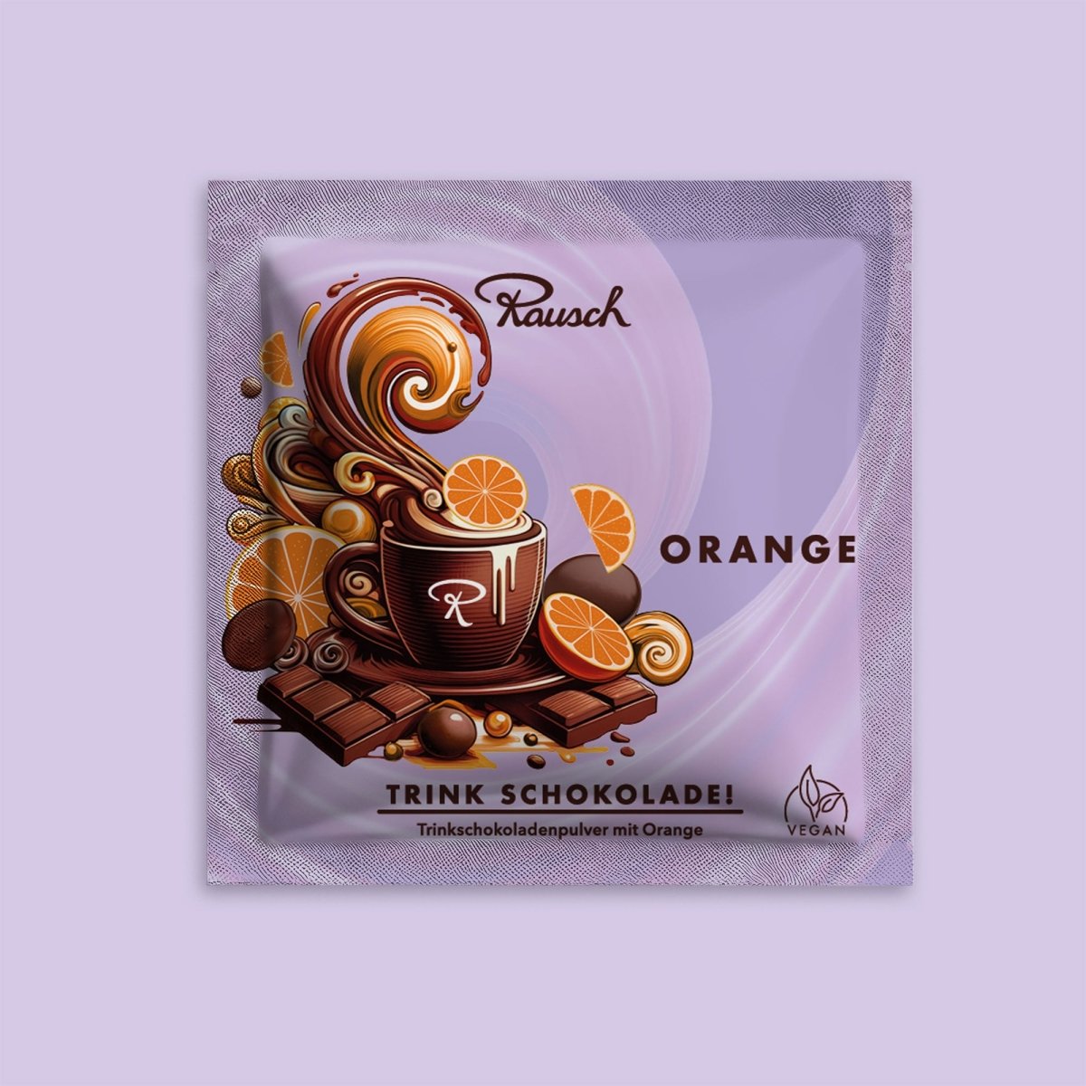 Trinkschokolade "Orange" im lila Sachet auf farblich passendem Hintergrund.