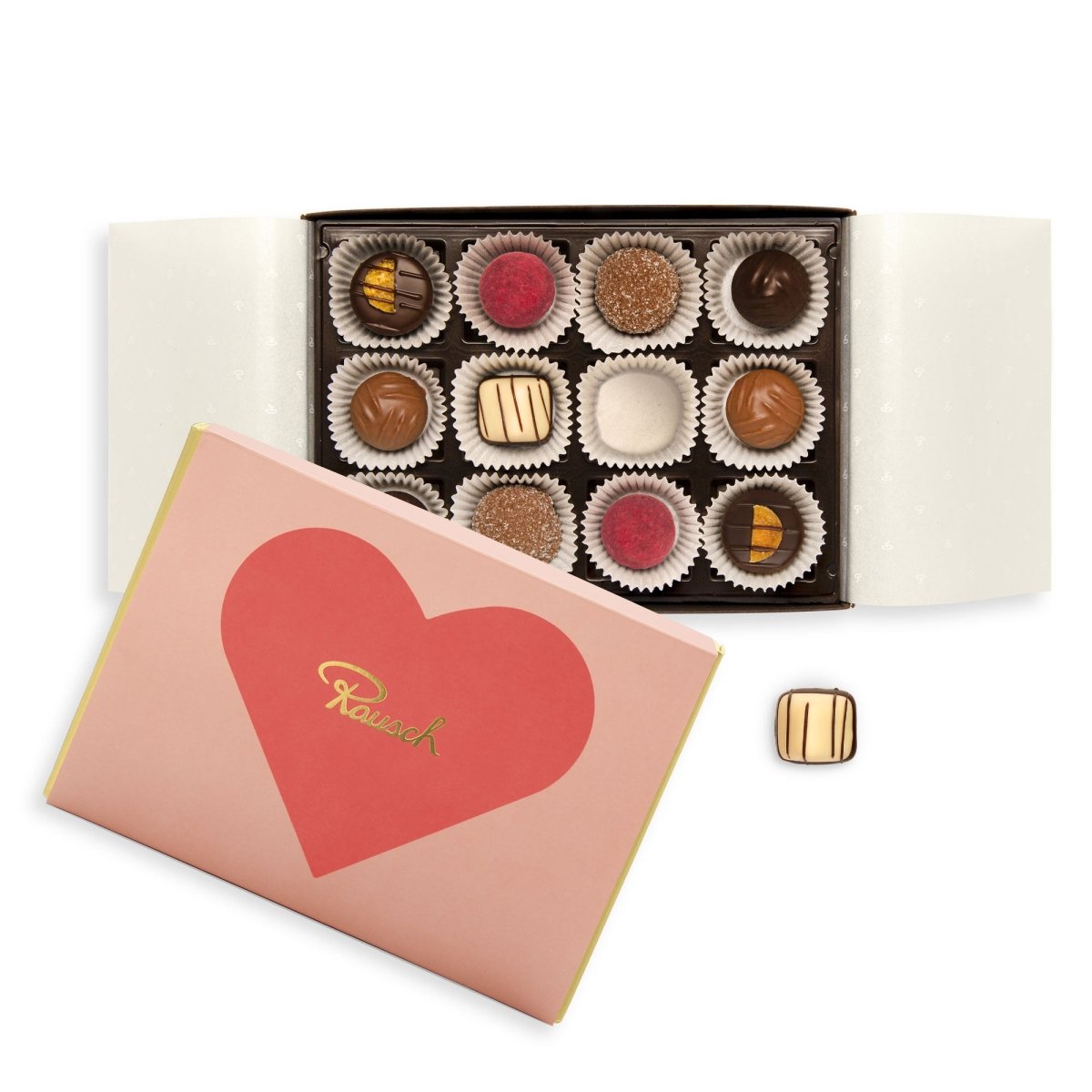 Rausch Pralinenschachtel mit Herzmotiv gefüllt mit verschiedene Pralinensorten