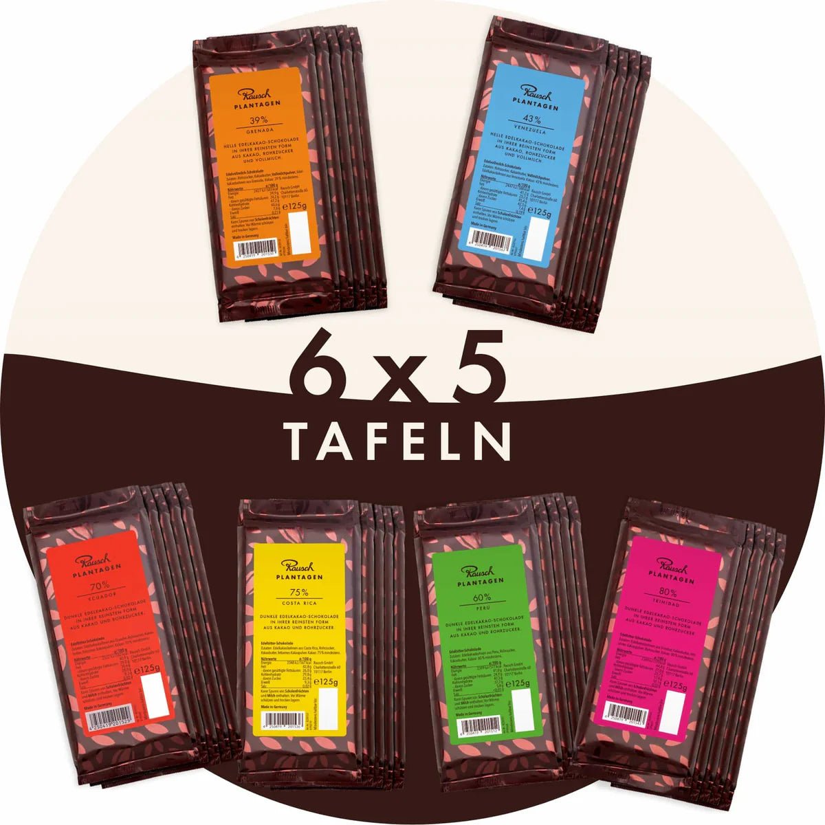 6x5 Tafeln aus Edelakako-Schokolade.