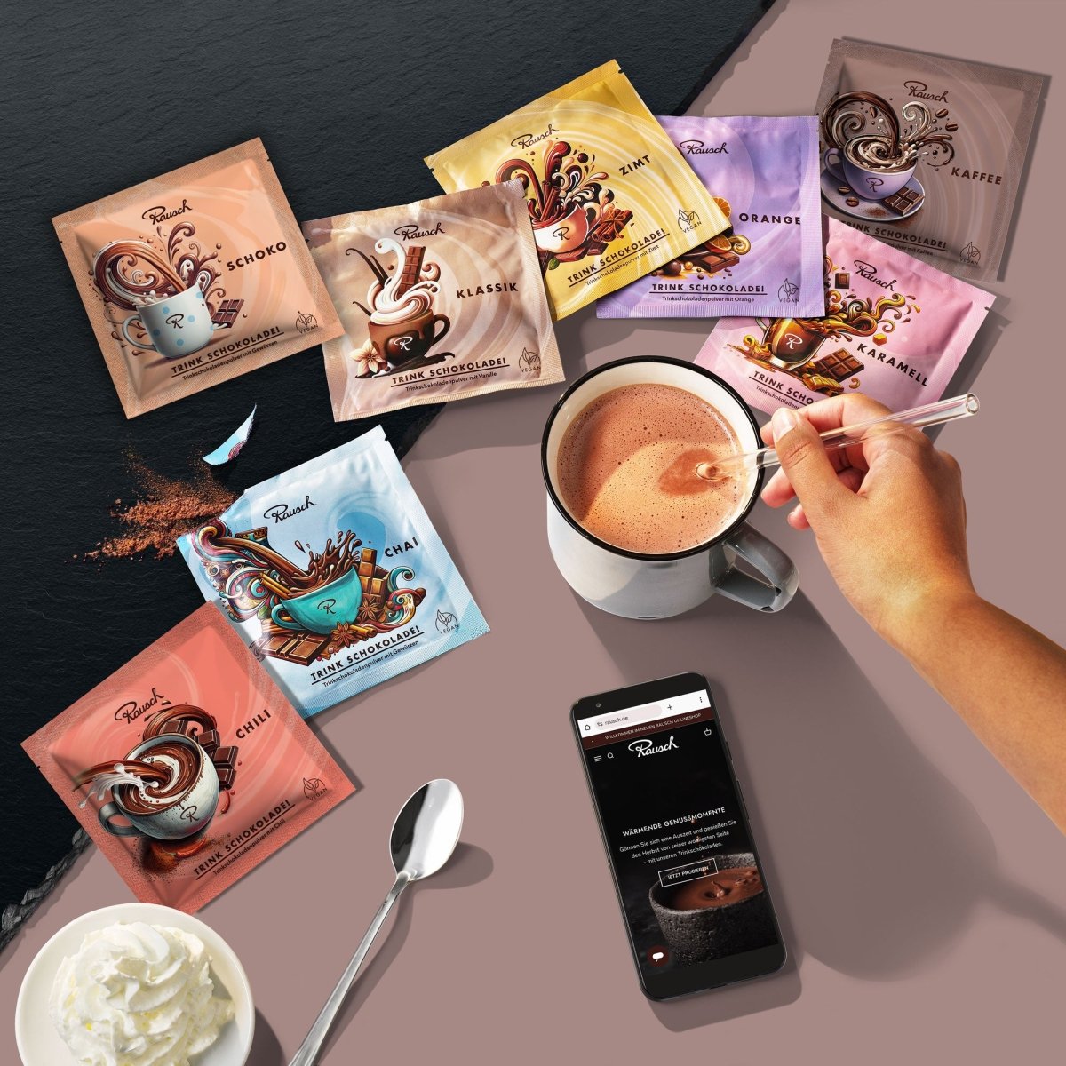 Acht Sorten Rausch Trinkschokolade - Moodbild braun