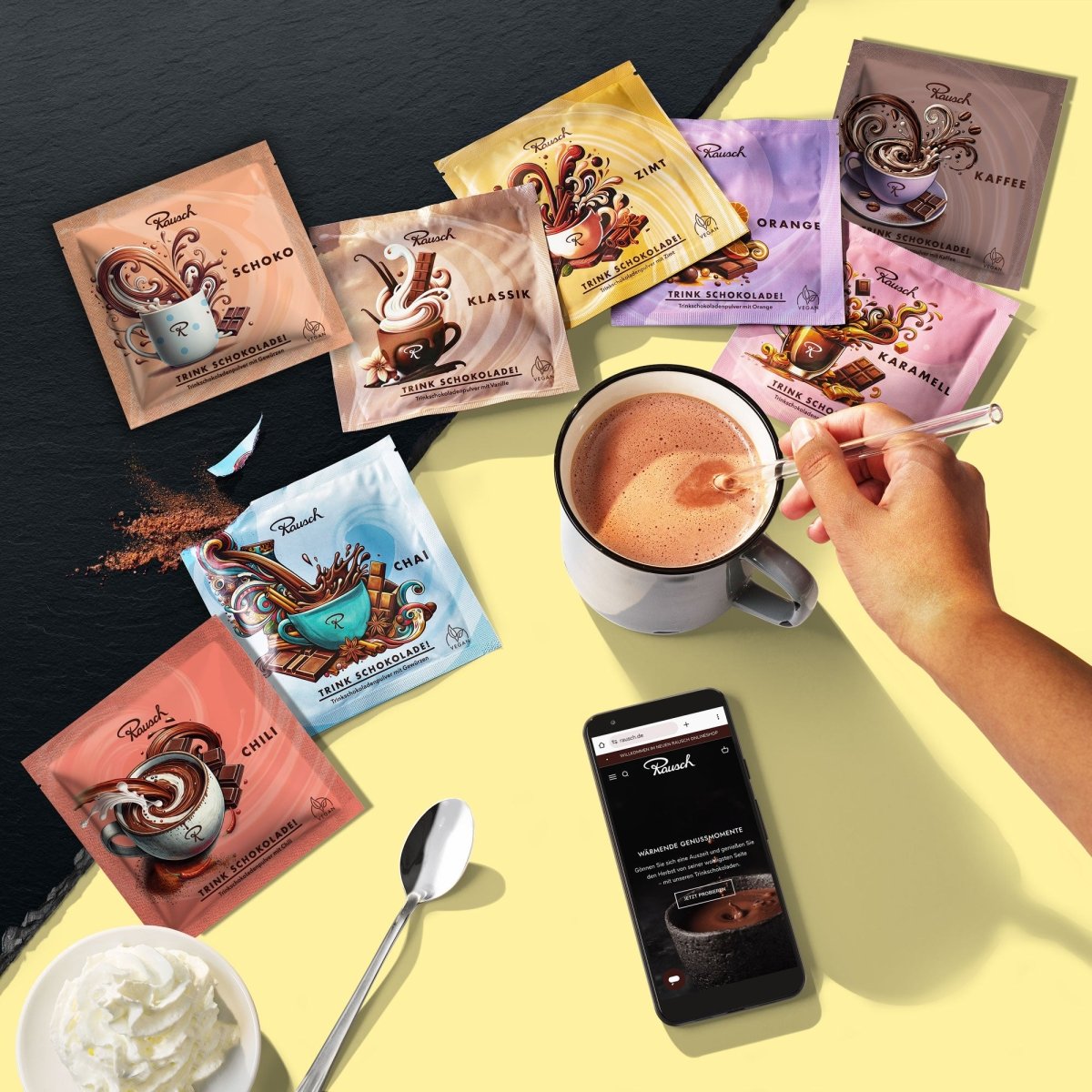Acht Sorten Rausch Trinkschokolade - Moodbild gelb