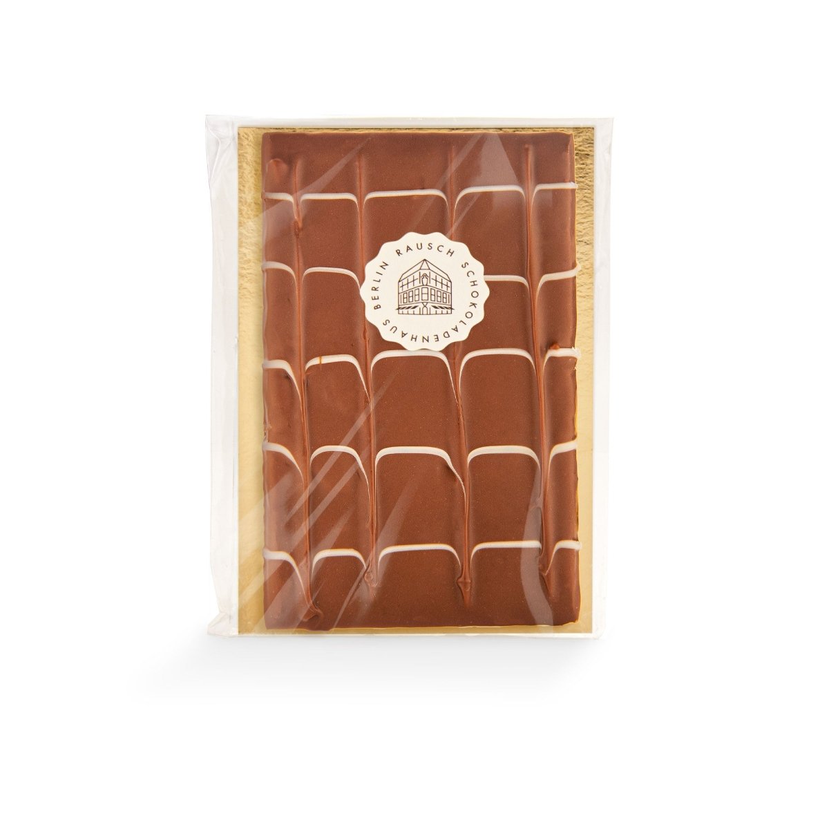 Karamellcrunch-Milchschokoladentafel mit feinem weißen Muster - verpackt.