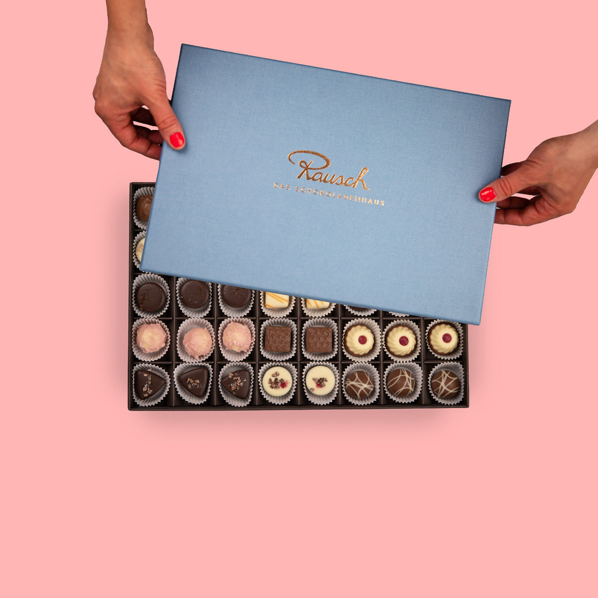 Hand hält edle Schachtel mit verschiedenen Pralinen, Markenname Rausch sichtbar, vor rosa Hintergrund.